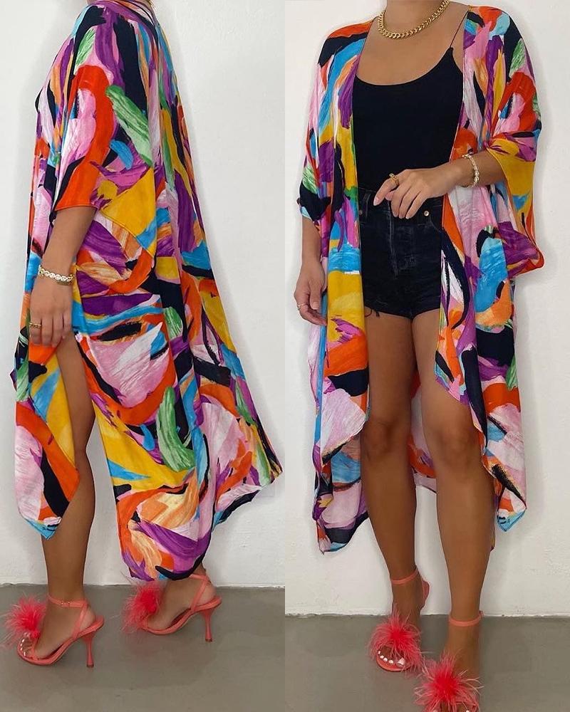 

Abstract Print Open Front Longline Cover Up, Multicolor