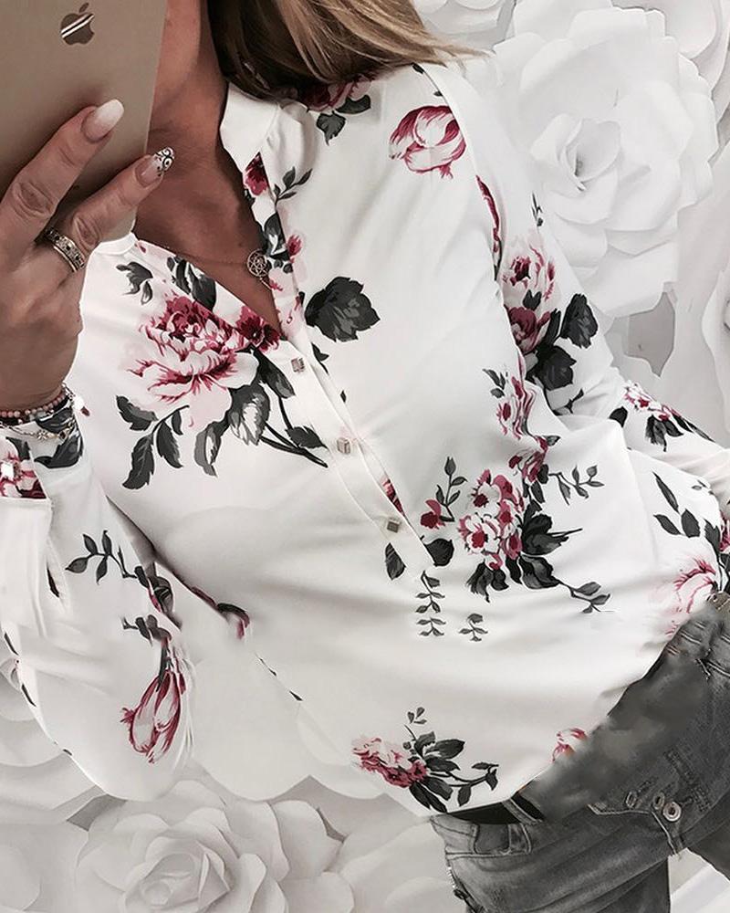 

Buttoned Floral Print Long Sleeve Blouse, White