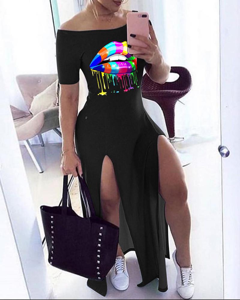 

Lip Print Off Shoulder High Slit Maxi Dress, Black