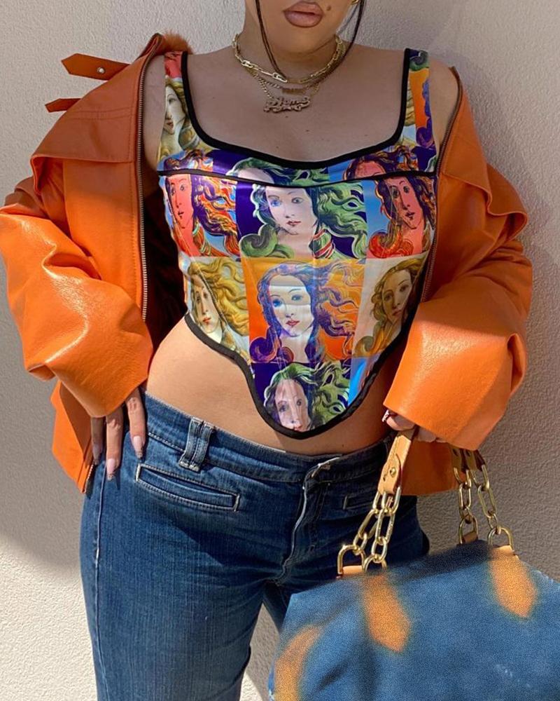 

Figure Print Thin Strap Handkerchief Crop Top, Multicolor
