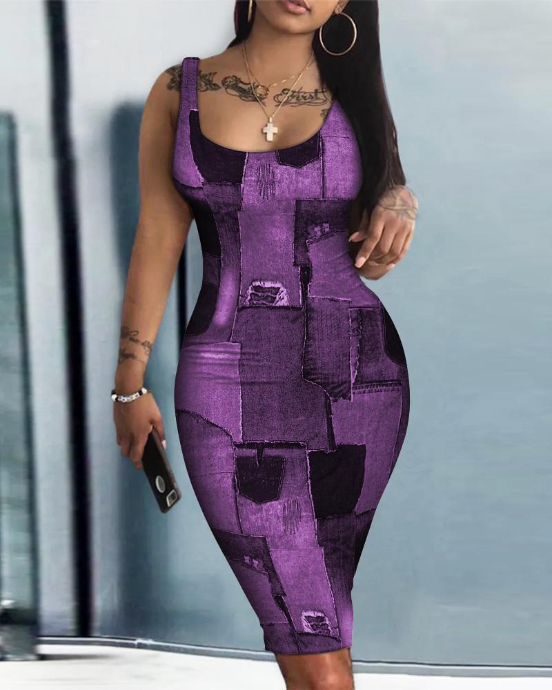 

Denim Look Print Sleeveless U-Neck Bodycon Dress, Purple