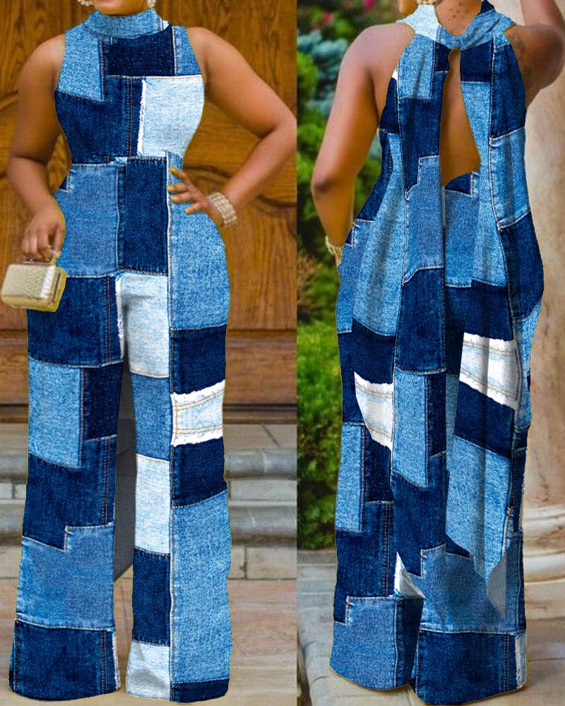 

Denim Look Print Backless Mock Neck Sleeveless Jumpsuit, Blue