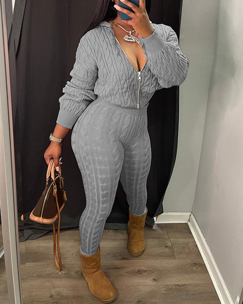 

Braided Knit Hooded Sweater & High Waist Pants Set, Gray