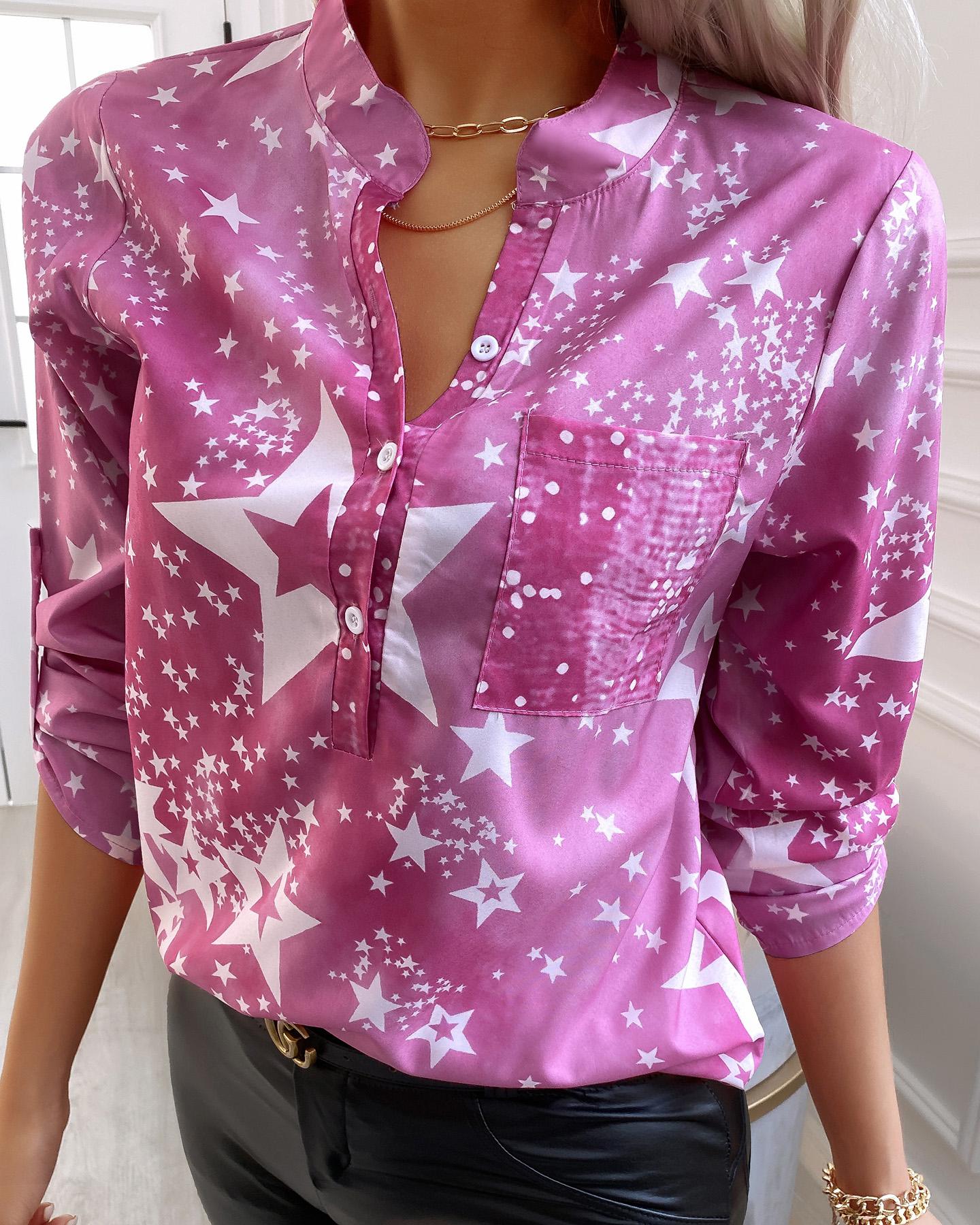 

Star Print Button Design Long Sleeve Casual Shirt, Pink