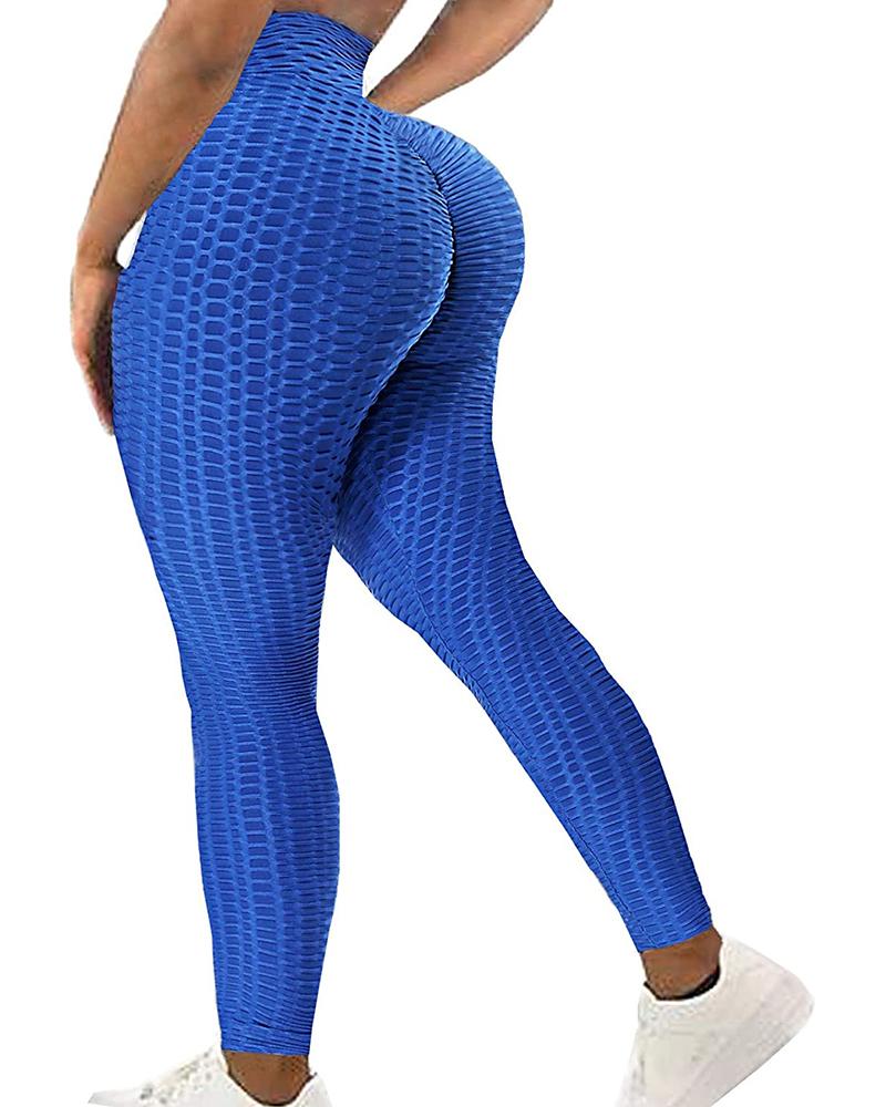 

High Waisted Bubble Textured Yoga Pants Workout Butt Lifting Scrunch Booty Leggings, Blue