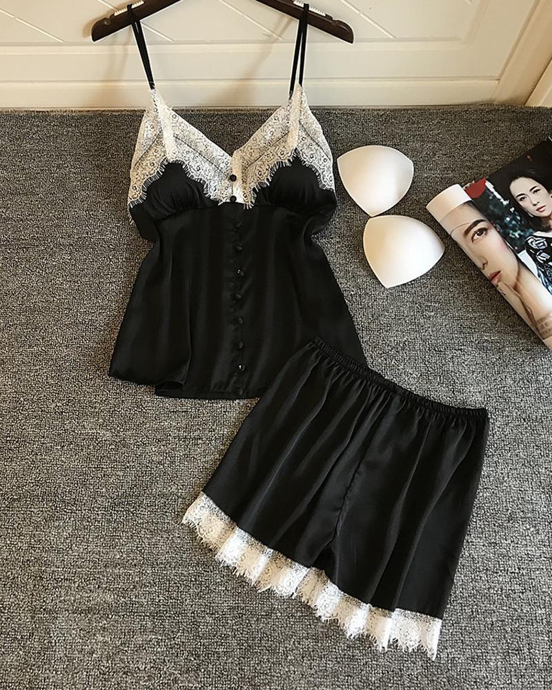 

Eyelash Lace Button Design Satin Padded Cami Set, Black