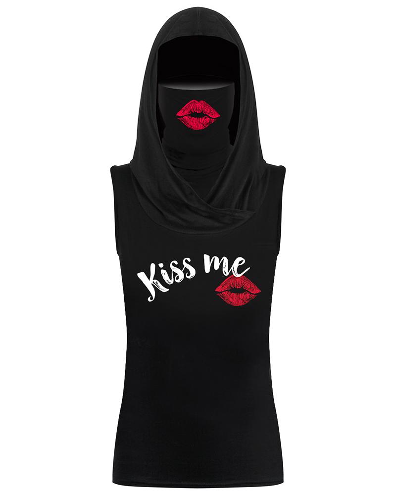 

Hooded Tank Top With Lip Print Ear Loop Bandana, Black