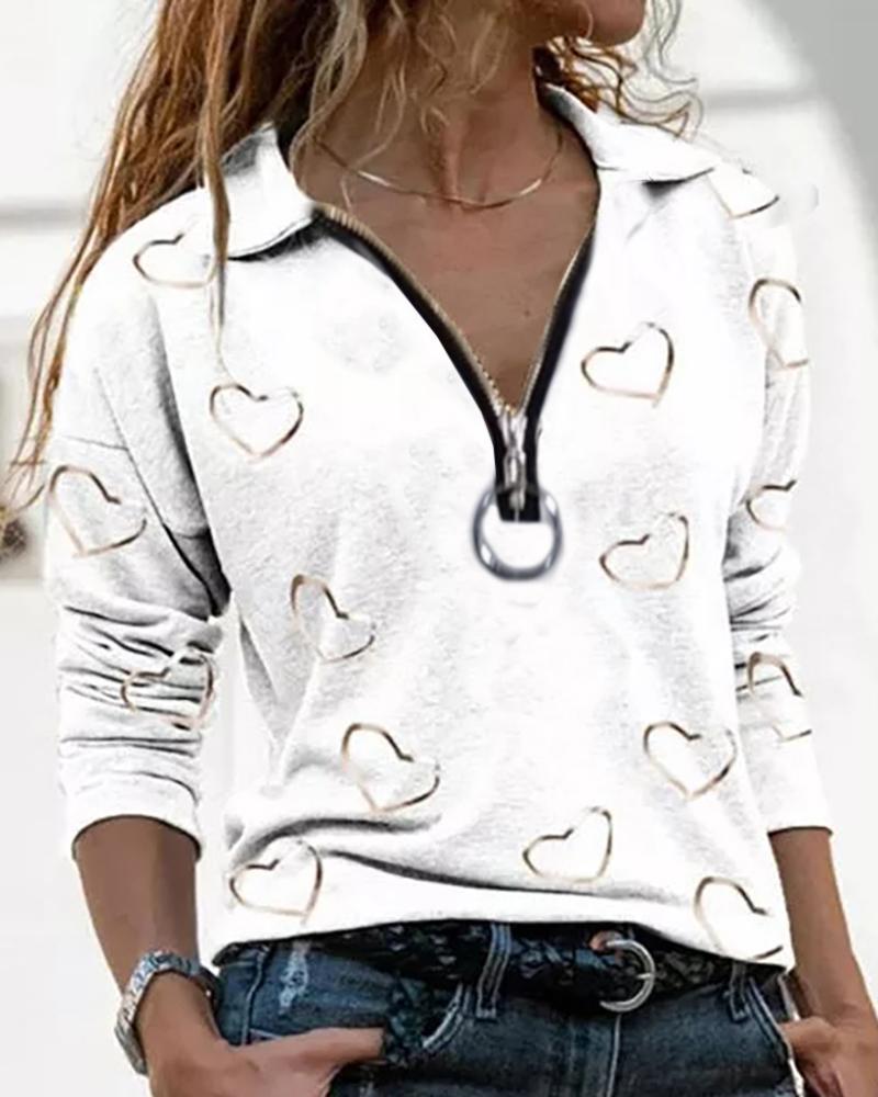 

Heart Print Zipper Front Long Sleeve Women Top, White
