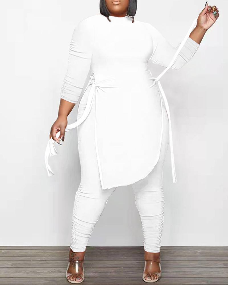 

Plus Size Side Slit Asymmetrical Hem Top & Pants Set, White