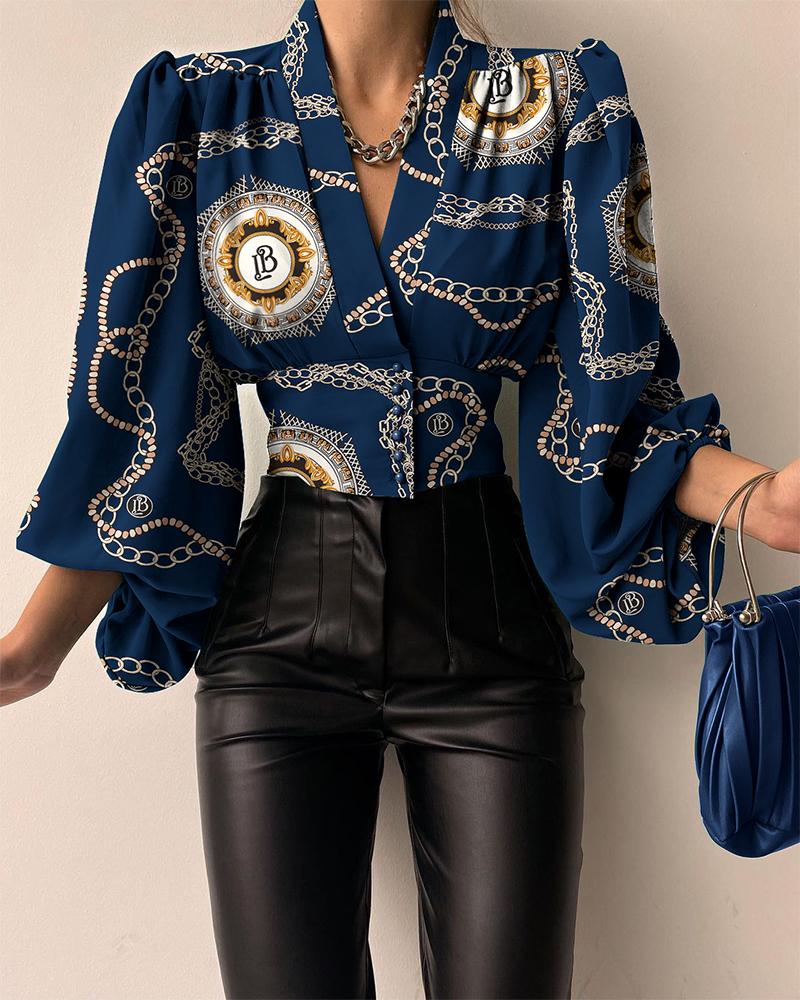 

Chain Baroque Print Puff Lantern Sleeve Top, Purplish blue