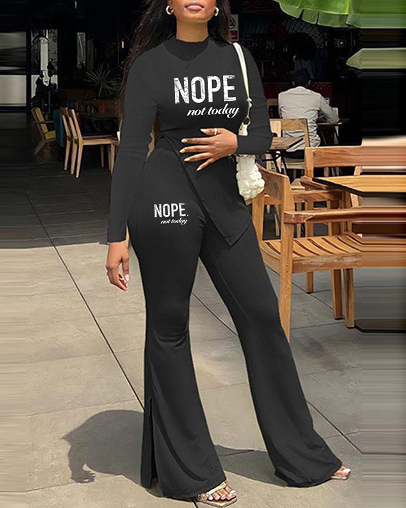 

Letter Print Long Sleeve Slit Top & Bootcut Pants Set, Black