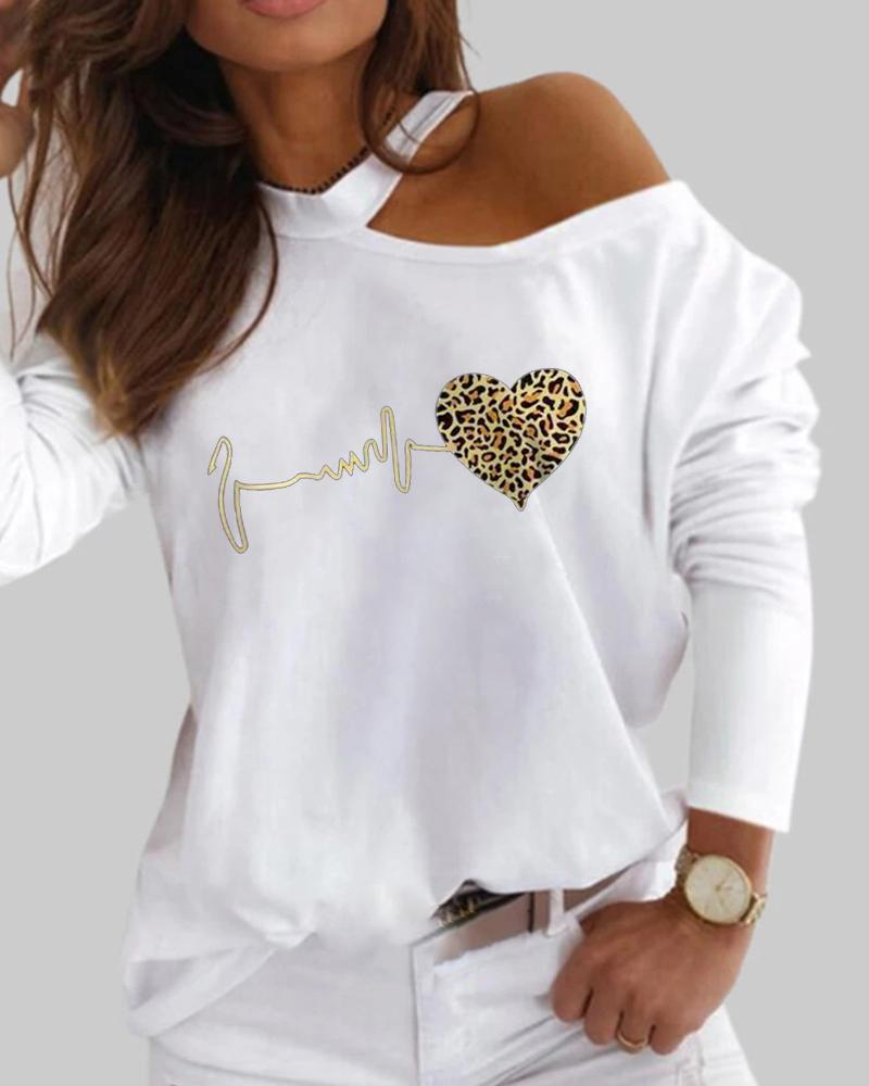 

Valentine' Day Leopard Heart Print Cold Shoulder Top, White