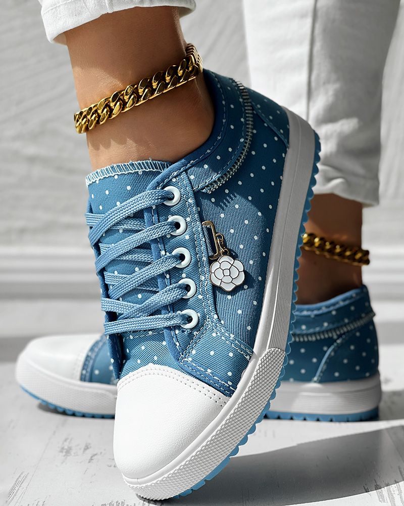 

Polka Dot Print Lace-up Round Toe Sneakers, Lighted blue