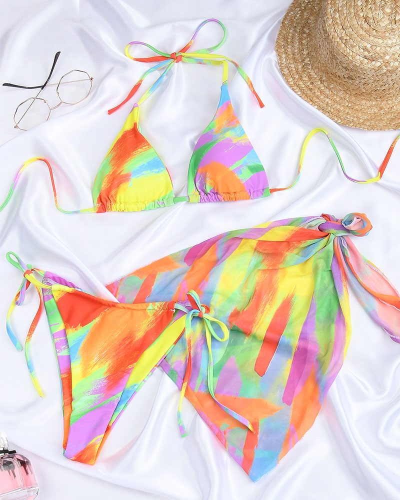 

3PCS All Over Print Bikini Set With Cover Up, Multicolor