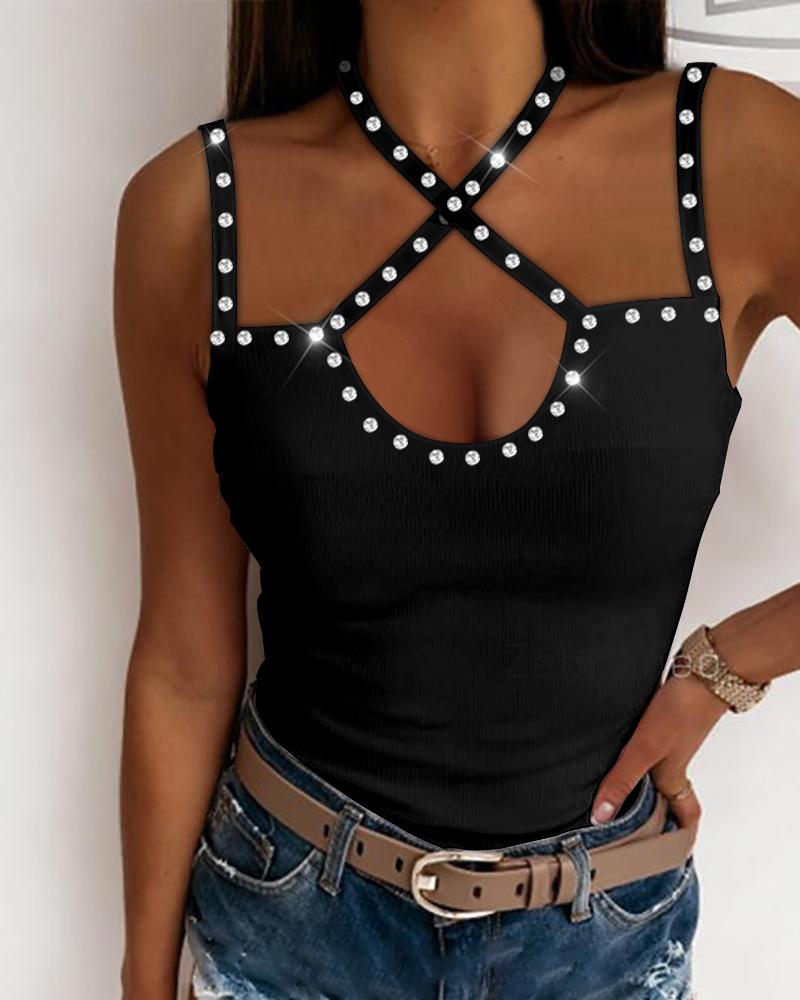 

Beaded Decor Crisscross Halter Top, Black