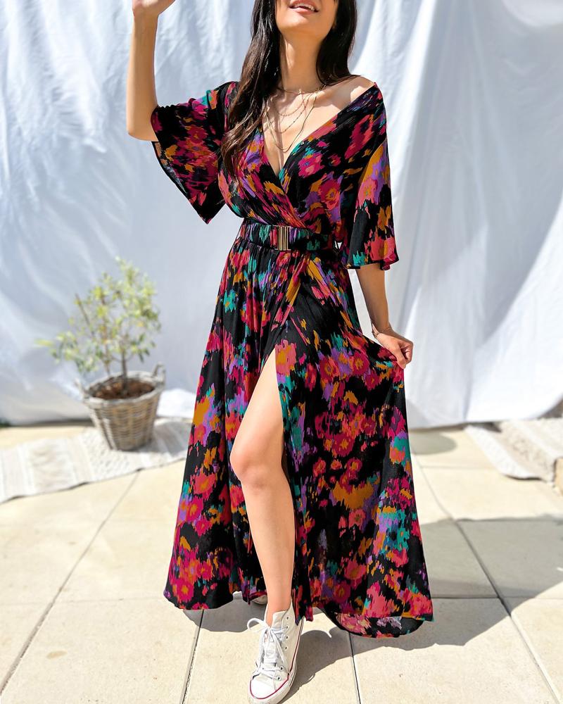 

Abstract Floral Print Bell Sleeve Slit Maxi Dress, Red