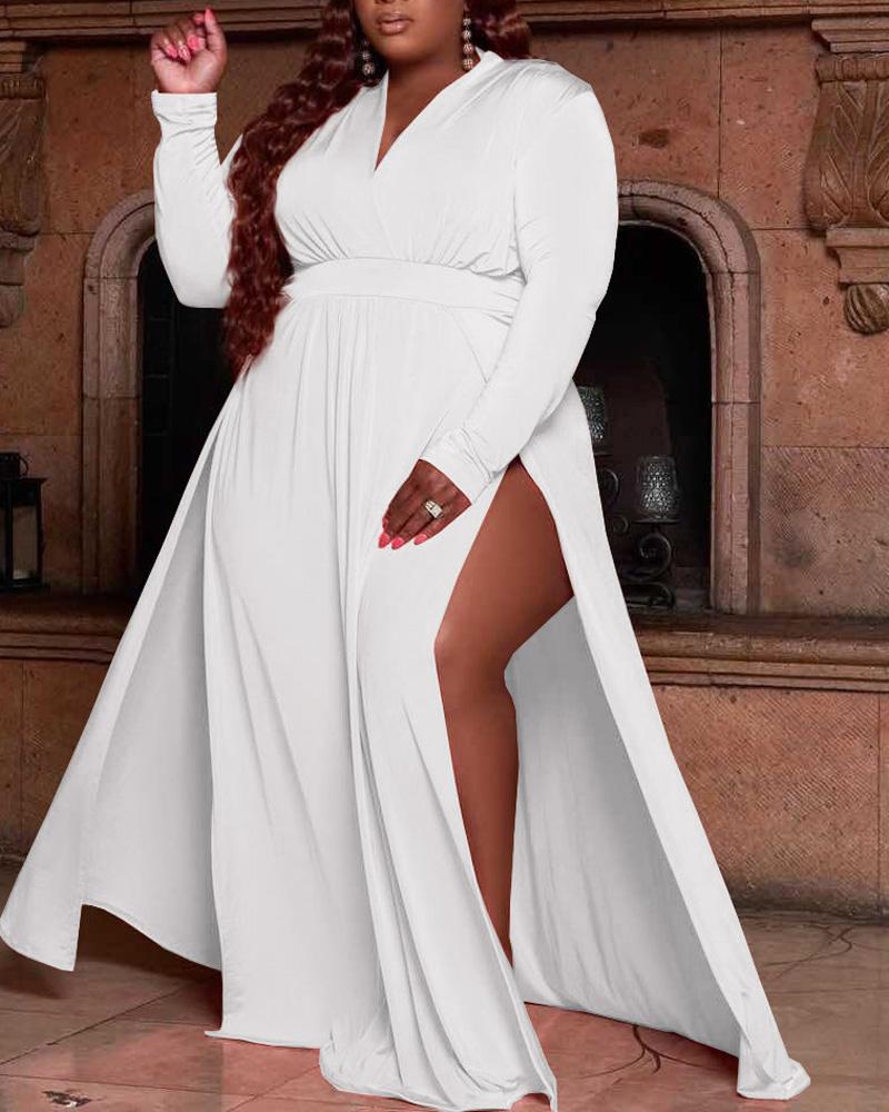 

Plus Size Long Sleeve Split Thigh Maxi Dress, White