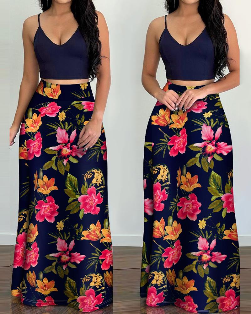 

Crop Cami Top & Tropical Print Skirt Set, Purplish blue