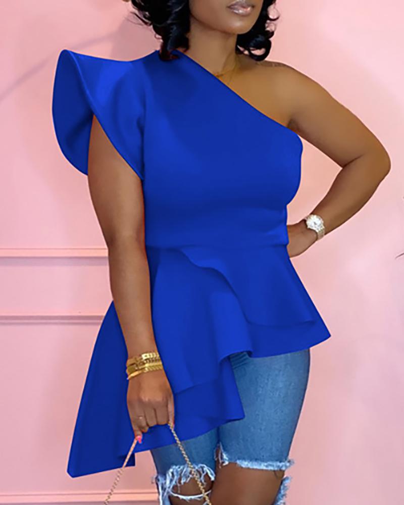 

One Shoulder Ruffles Casual Blouse, Blue