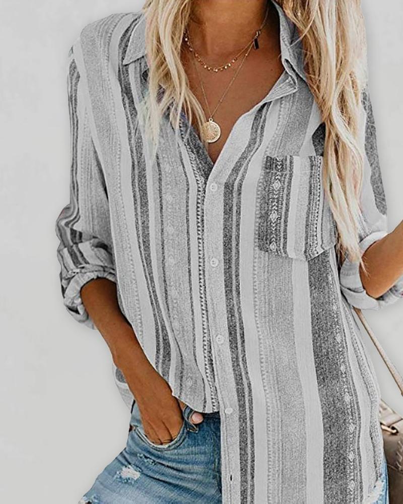 

Striped Print Colorblock Pocket Front Button Design Blouse, Gray