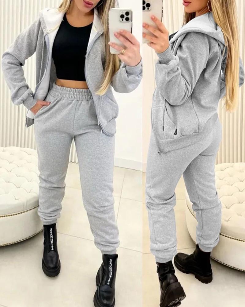 

Zipper Design Hooded Top & Pocket Design Pants Set, Gray