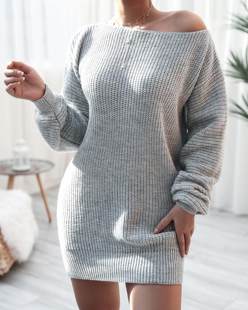 

Lantern Sleeve Knit Casual Sweater Dress, Gray