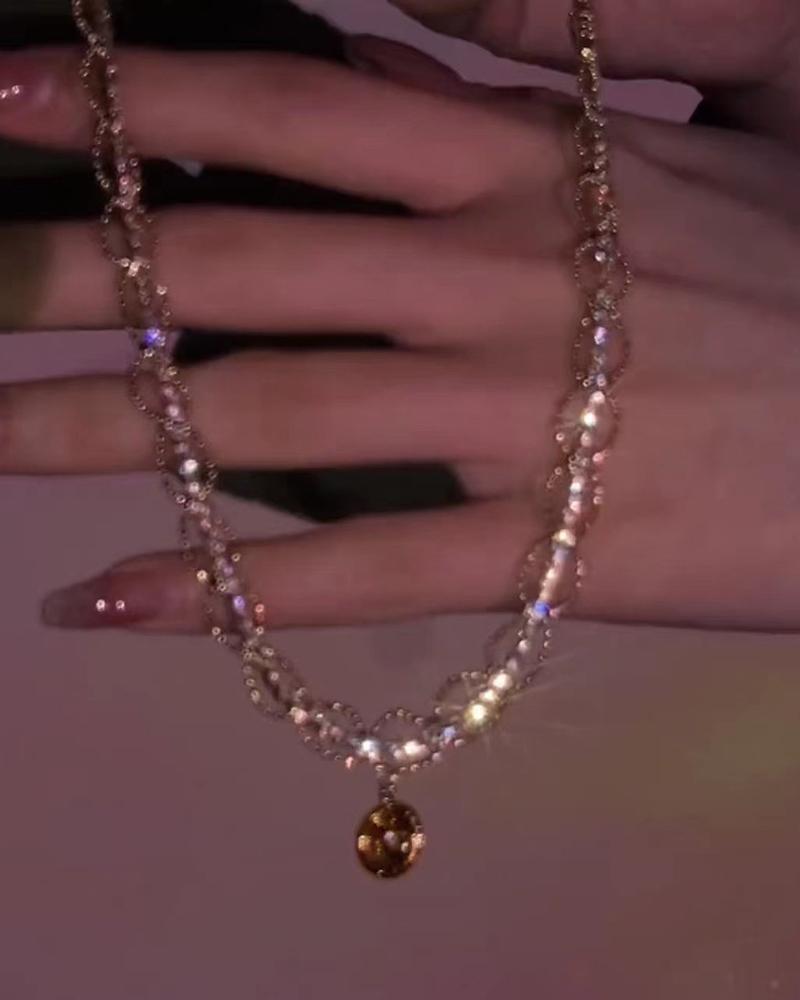 

Geometric Pendant Rhinestone Lace Choker, Coffee
