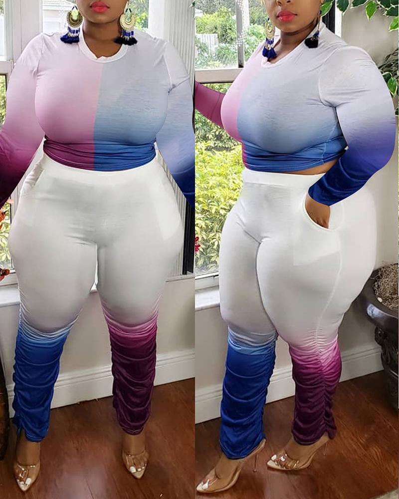 

Plus Size Ombre Long Sleeve Top & Ruched Pants Set, Blue
