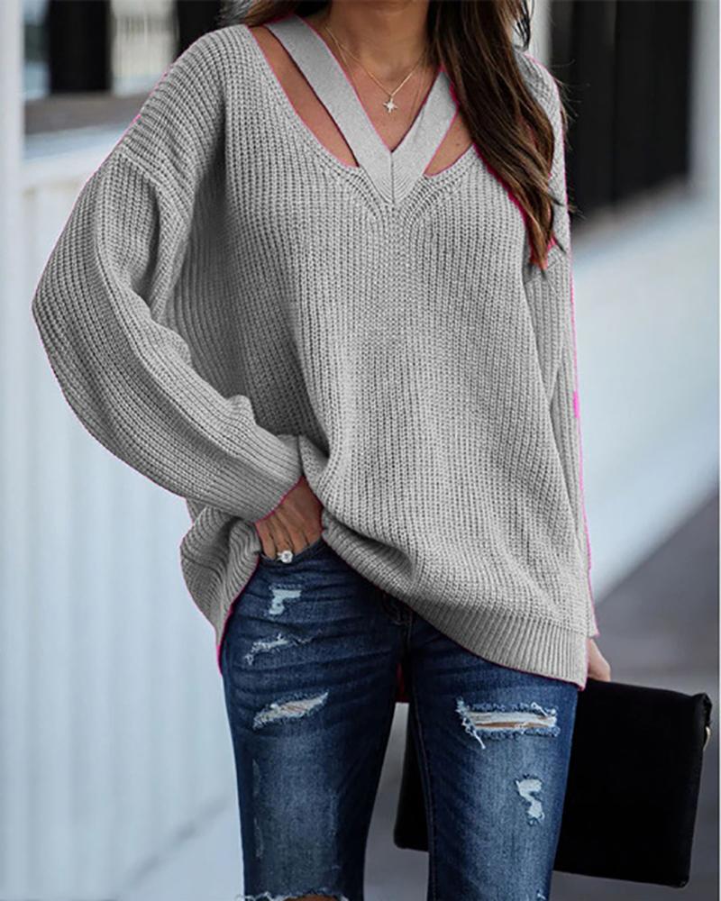 

Cutout V-Neck Drop Shoulder Sweater, Gray