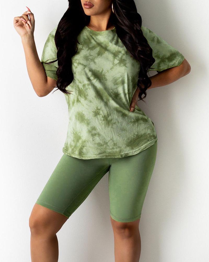 

Tie Dye Print Short Sleeve Top & Shorts Set, Army green
