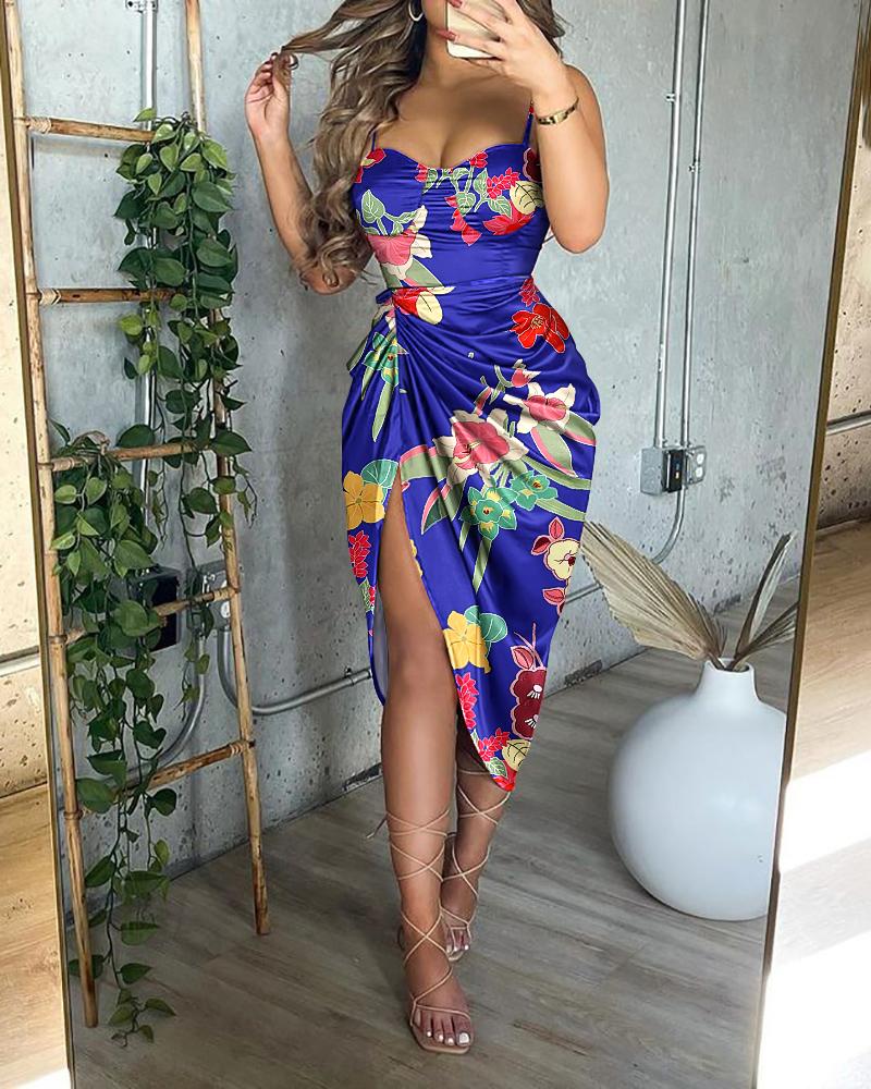 

Floral Print Ruched High Slit Dress, Blue