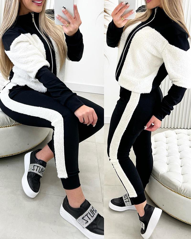 

Colorblock Fuzzy Zipper Design Top & Pants Set, Blackwhite