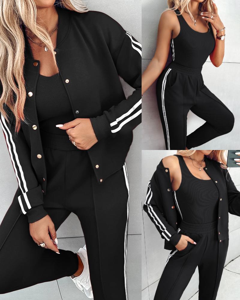 

3 Piece Outfits Matching Sets Striped Tape Patch Tank Tops Button Front Jacket Cuffed Pants with Pockets Tracksuit, Black