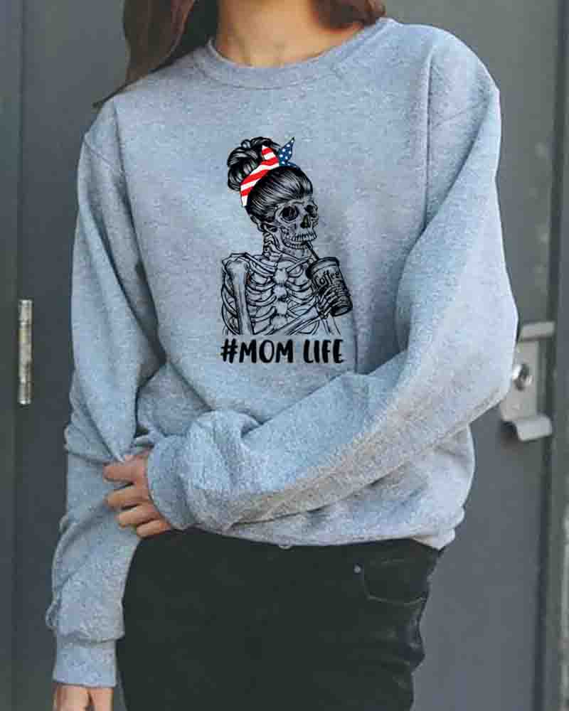 

Mother' Day Skeleton Letter Print Long Sleeve Sweatshirt, Gray