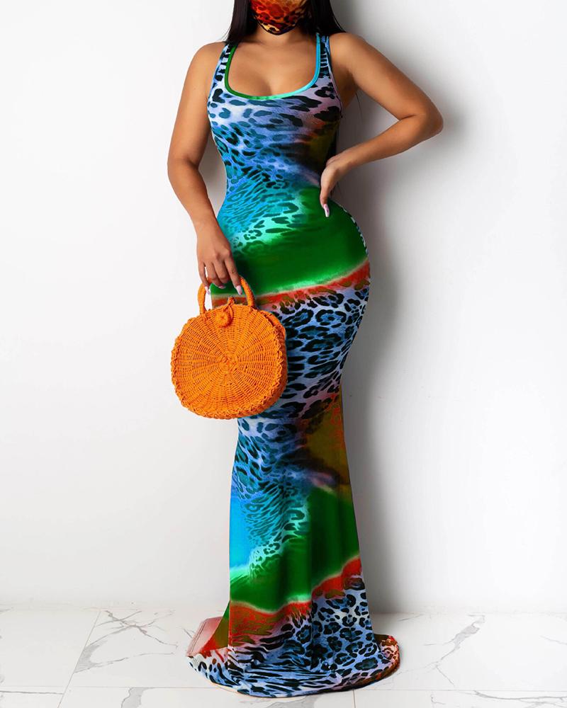 

Cheetah Tie Dye Print Mermaid Sleeveless Maxi Dress, Green