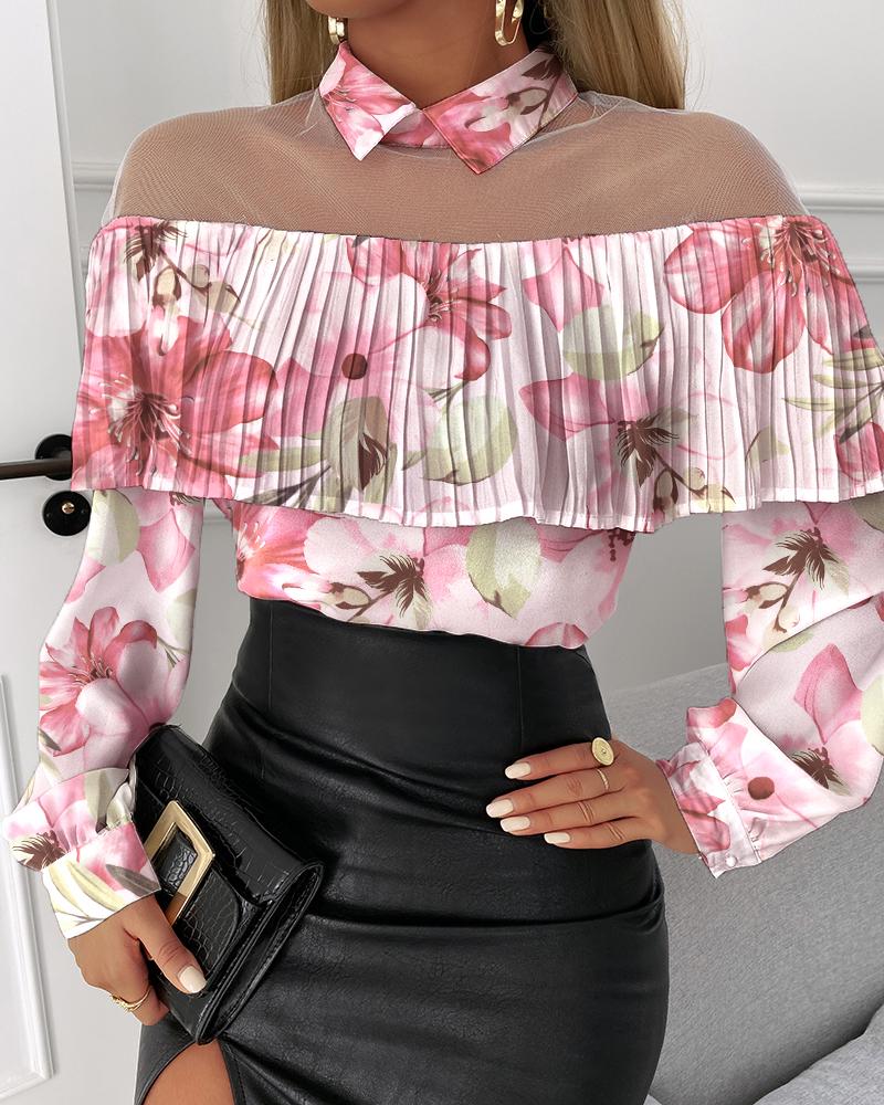 

Floral Print Pleated Sheer Mesh Top, Multicolor