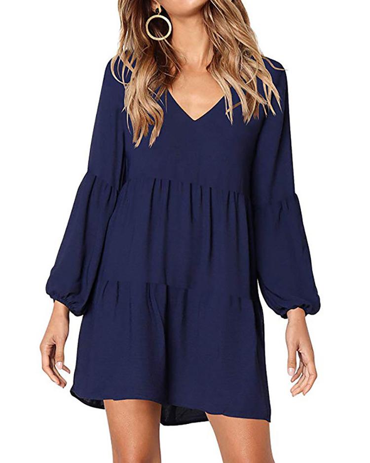 

Solid V-Neck Long Sleeve Casual Dress, Purplish blue