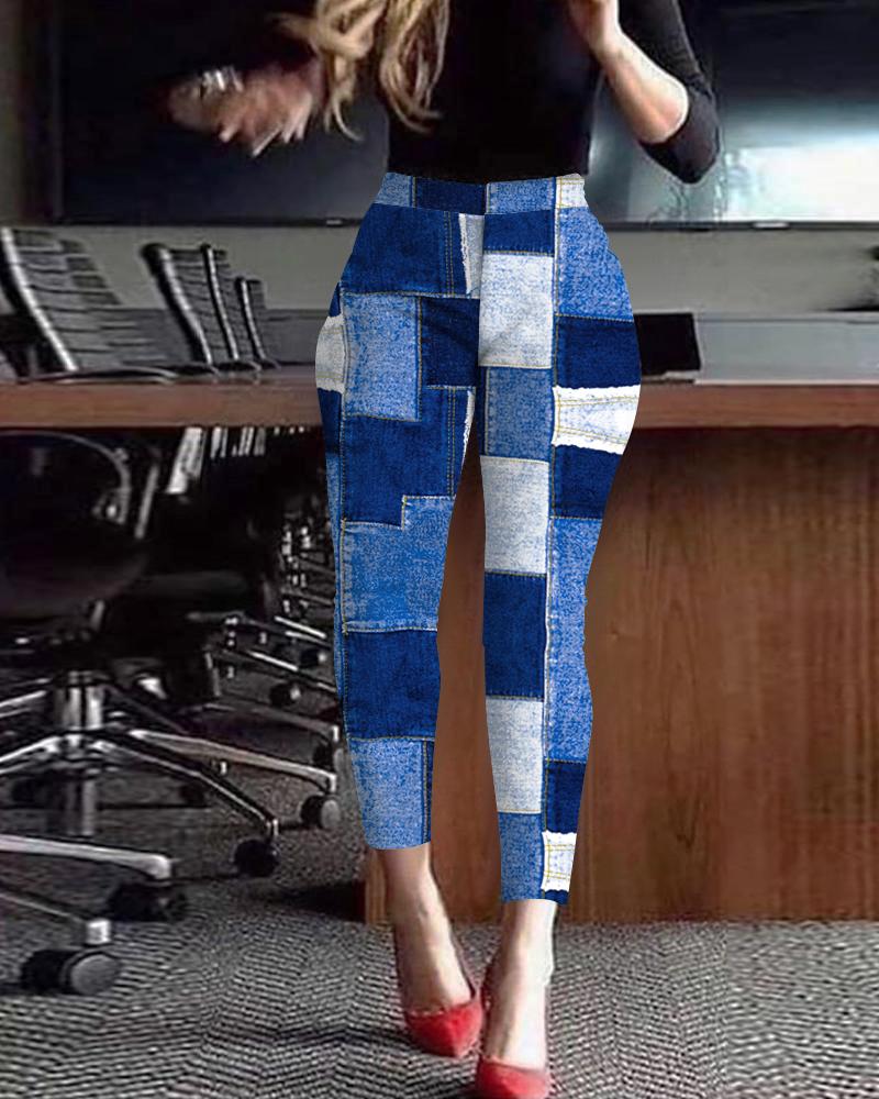 

Denim Look Print High Waist Pants, Blue