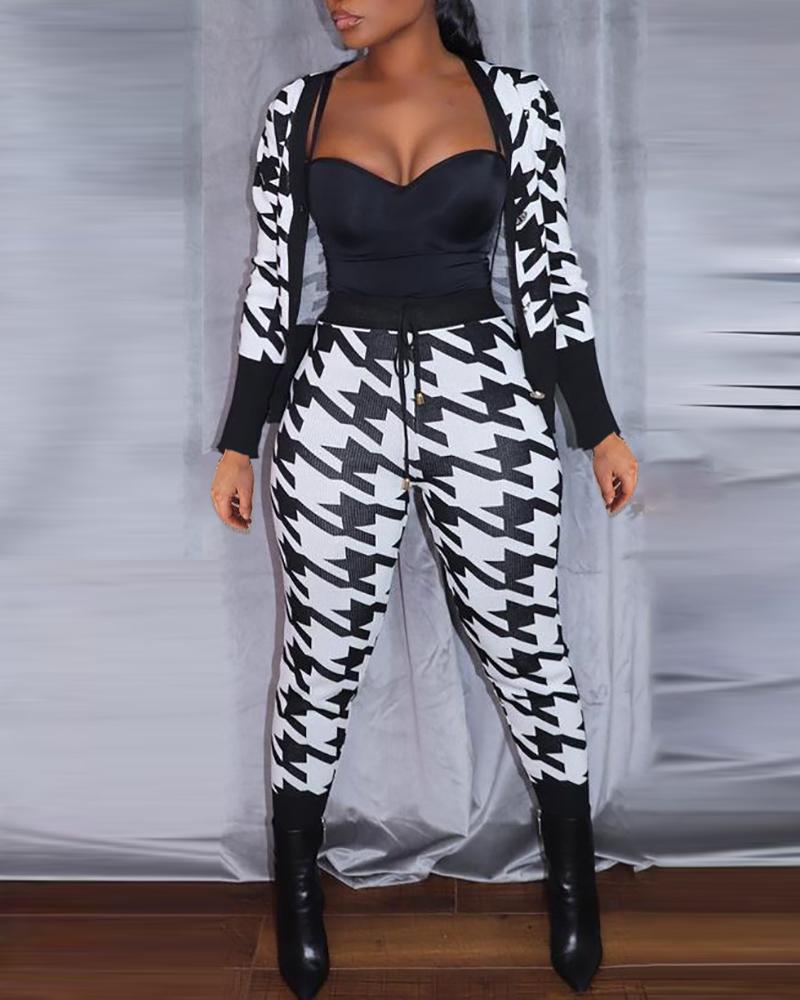 Plus Size Houndstooth Print Top & Drawstring Pants Set