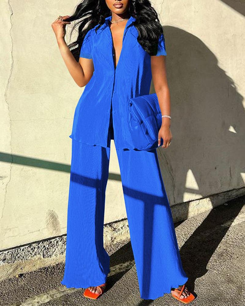 

Short Sleeve Button Down Shirt & Pants Set, Blue