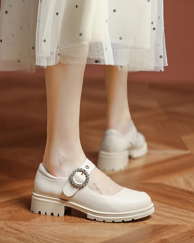 

Round-toe Solid Color Splicing Buckle Jenny Shoes, Beige