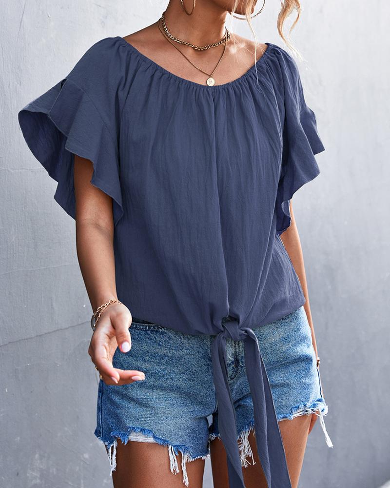 

Round Neck Ruffle Sleeve Tied Detail Top, Blue