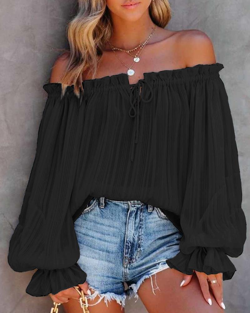 

Off Shoulder Frill Hem Lantern Sleeve Top, Black
