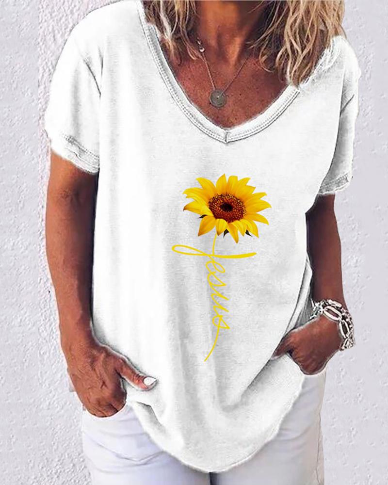 

Sunflower Print Letter Pattern Casual T-shirt, White