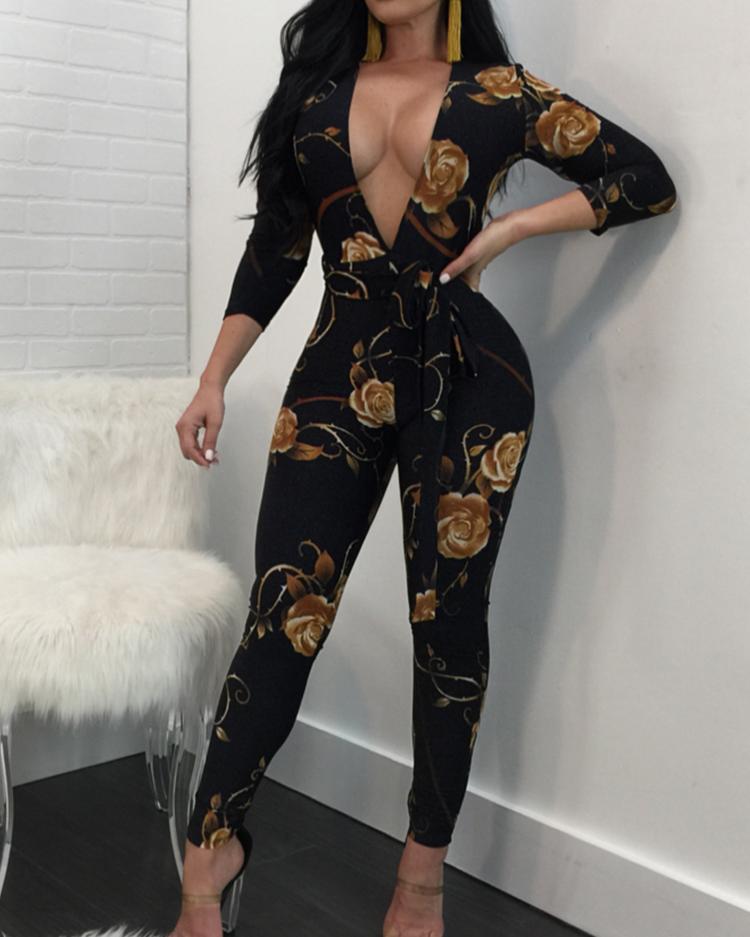 

Sexy Deep V Neck Tied Waist Floral Skinny Jumpsuit, Black