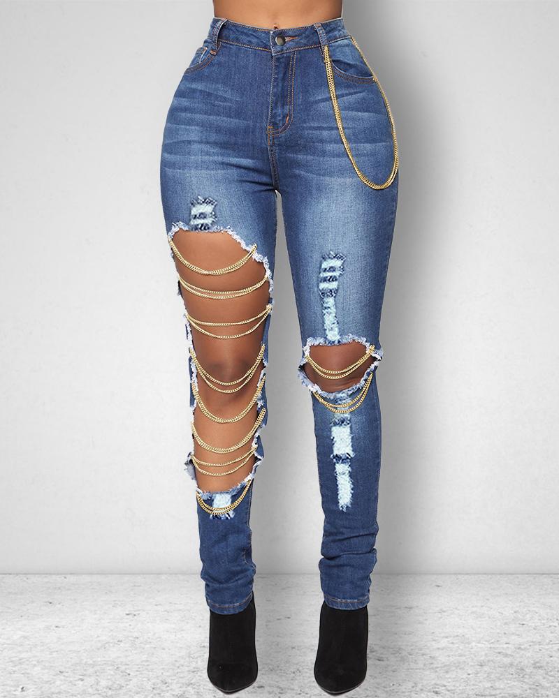 

Zipper Fly Slant Pocket Chain Decor Cut-Out Ripped Skinny Jeans, Dark blue