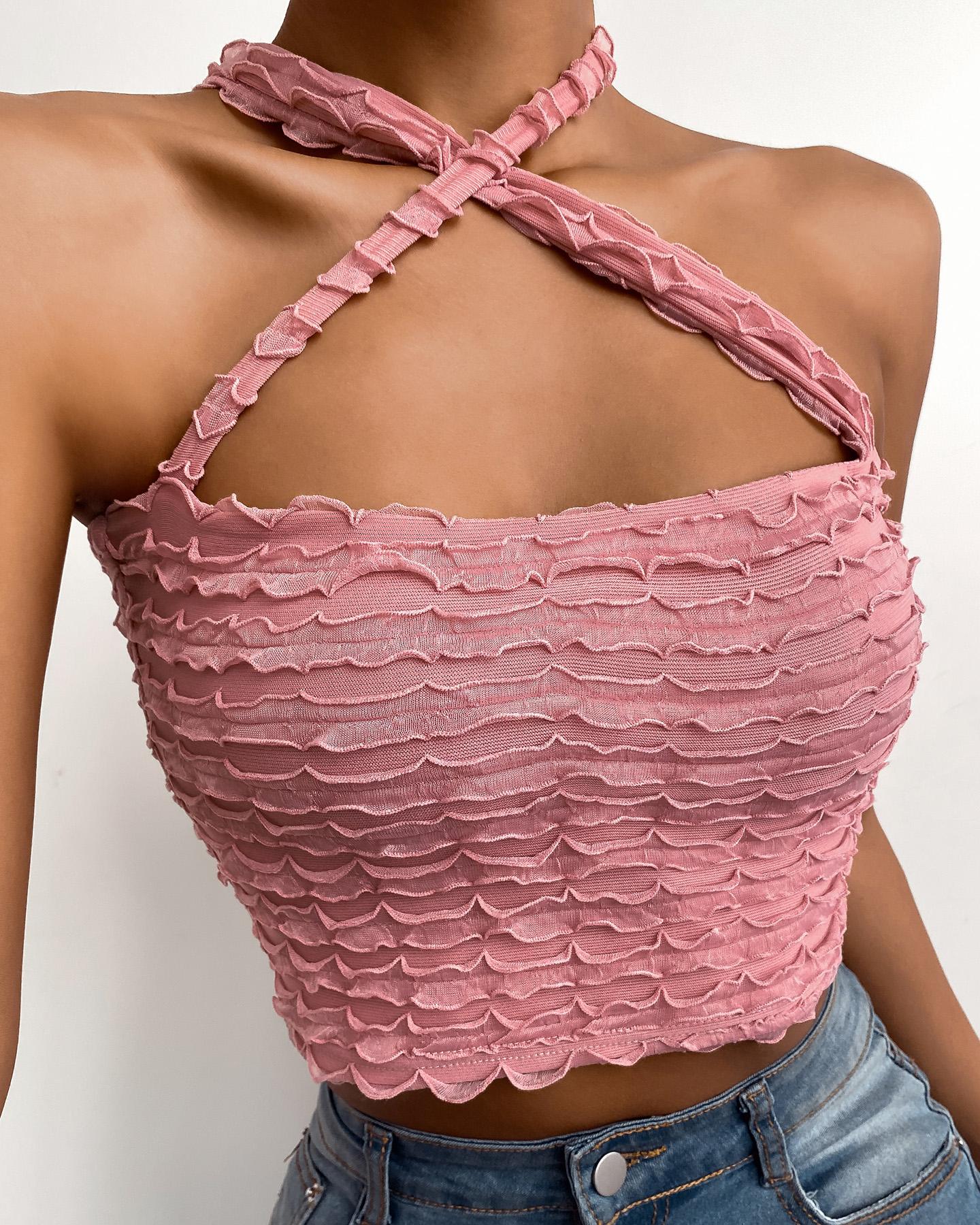 

Halter Frill Hem Sleeveless Crop Top, Pink
