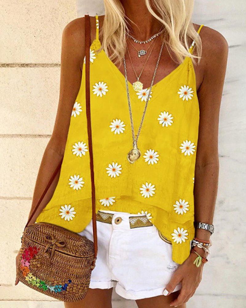 

Daisy Print V-neck Casual Tank Top, Yellow