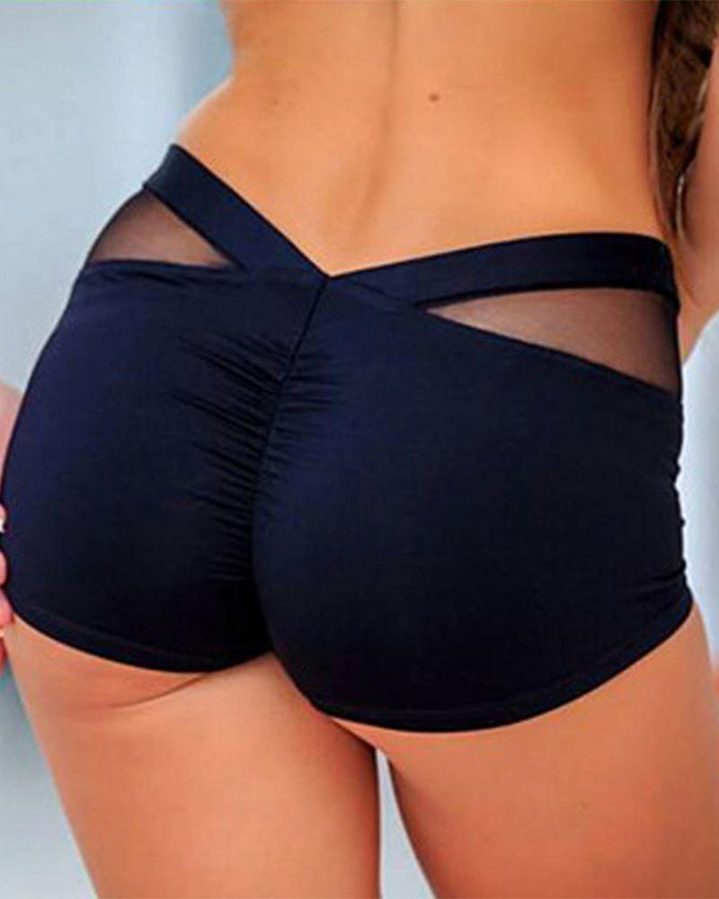 

Solid Color Splicing Mesh Skinny Sport Short Pants, Black