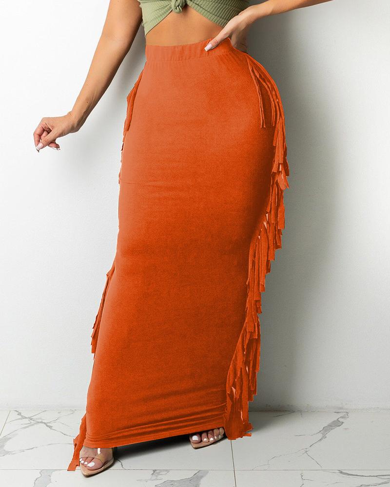 

High Waist Tassel Design Maxi Skirt, Orange